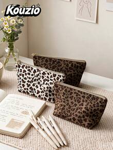 1 buah Tempat Pensil Motif Leopard Retro dengan Resleting, Kapasitas Besar, Ringan, dan Serbaguna, Organizer Alat Tulis & Makeup untuk Remaja Putri dan Siswa, untuk Sekolah, Kantor, Perjalanan, dan Penggunaan Sehari-hari - Motif Leopard Karamel - View 2