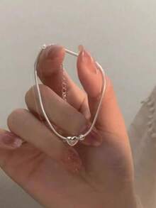 1pc Cute Silver Heart Pendant Bracelet, Perfect Choice For Daily Fashion Wear, Suitable For Everyday Life And Holiday Gifts - A - View 1