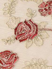 HXARTMIS 1pc French Vintage Rose Embroidered Lace Tablecloth, Hollow Lace Trim Square Dining Table Cover, Suitable For Dining Table, Coffee Table, Home Decor - Red - View 4