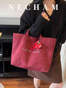 1pc Vintage Suede Solid Color Letter Print Tote Bag, Large Capacity Lightweight Daily Handbag - Burgundy - View 3