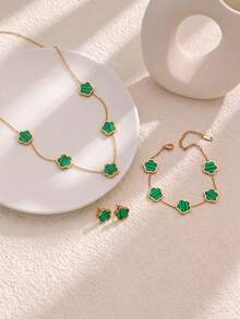3pcs Classic Lucky Five-Petal Flower Stainless Steel Stud Earrings Necklace Bracelet Set, European And American Fashion Versatile Five-Leaf Flower Floral Pattern Jewelry Set - Green - View 1