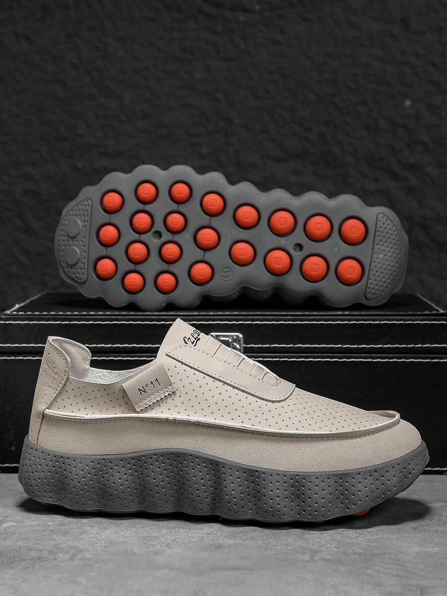GAISIMA Men's Perforated Letter Fabric Label Thick Sole Sneakers, Minimalist Casual Loafers, Suitable For Spring/Summer Daily Street Wear - Grey - View 1