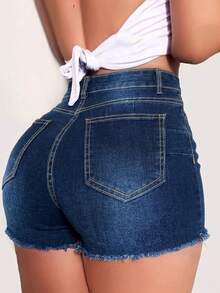Vacation Style Women's Pocketed Ripped Frayed Hem High Waist Denim Shorts Casual Summer - Blue - View 2