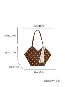 Bolso de tela con estampado de lunares y textura, con correa de cinta y decoración de letras, estilo vintage casual, adecuado para el uso diario, compras, viajes, atuendo enérgico y de moda, bolso tipo abanico en forma de V - Marrón - Ver 2