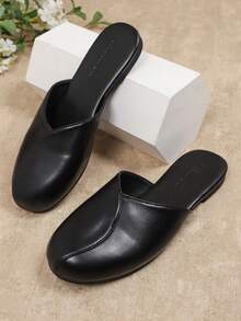 Women Black Smooth PU Closed‑Toe Mule Slippers,Round Toe Flat Silhouette, Slip‑On Backless Mules, Versatile Outdoor Slides For Daily - Black - View 1