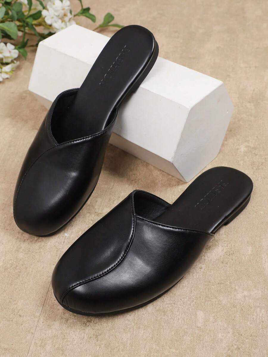Women Black Smooth PU Closed‑Toe Mule Slippers,Round Toe Flat Silhouette, Slip‑On Backless Mules, Versatile Outdoor Slides For Daily - Black - View 1