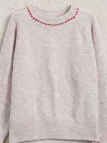 Women's Comfortable Knit Sweater, Soft Pullover, Red Stitch Collar, Casual Loose Warm Pullover, Suitable For Christmas And Holiday Street Wear - Apricot - View 5