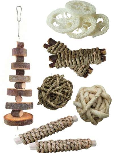 2/5/8/12pcs Small Pet Chew Toy Set, Loofah Slices, Wooden Hanging Toys And Woven Grass Toys, Hamster, Rabbit And Guinea Pig Teeth Grinding Play Accessories, Improve Appetite, Indoor Play, Pet Birthday Holiday Gift