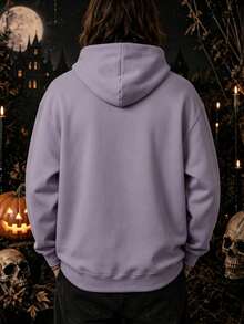 Men's Cute Floral Ghost Face Mesh Hoodie, Halloween Ghost Face Floral Print Pullover, Casual Kangaroo Pocket Hooded Sweatshirt - Purple - Purple Yam - View 2