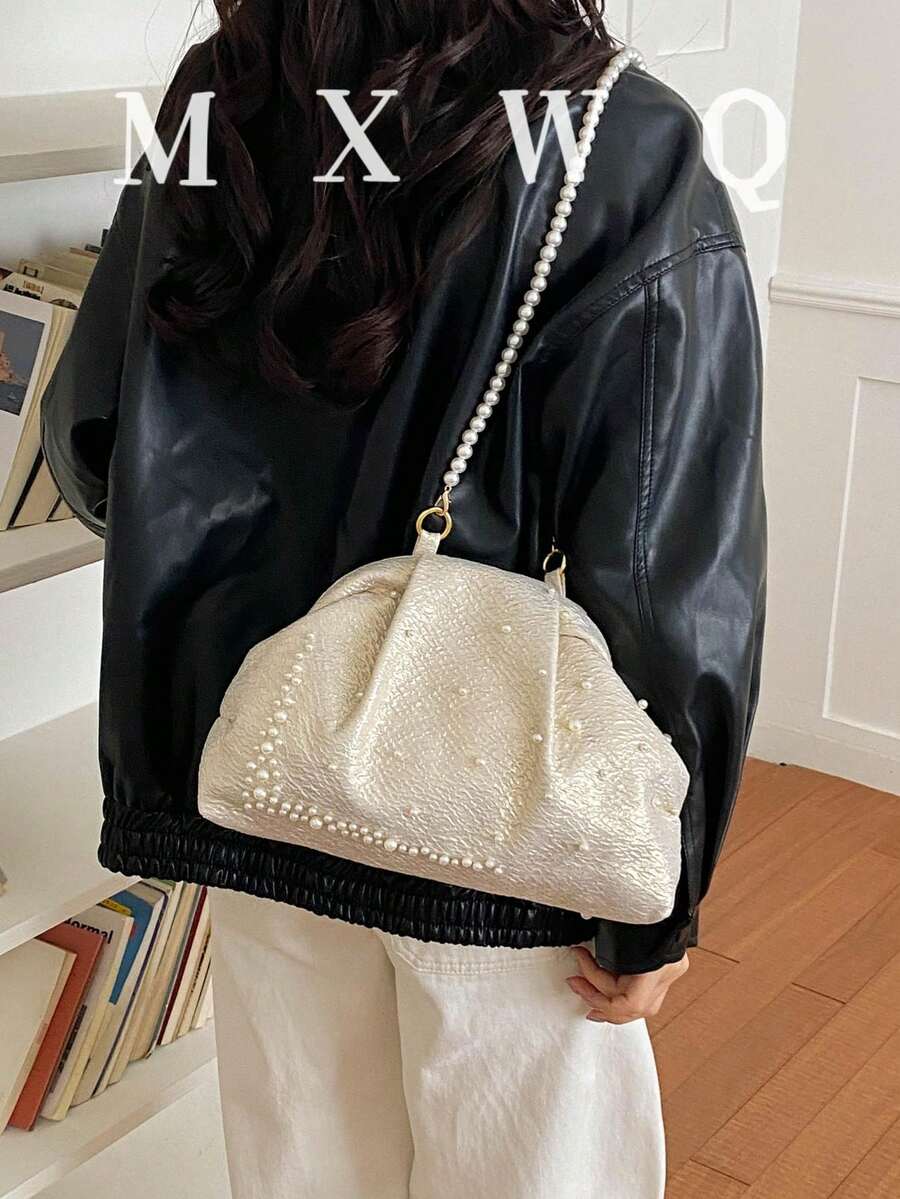 新款復古風布料珍珠鏈條扣女款手提包，優雅百搭斜挎包
