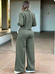 Women's Fall Fashion Two Pieces Set: Solid-Color Casual Set With A Long-Sleeve Top Featuring Front-Buttoned Pockets And High-Waisted Straight-Leg Pants - Army Green - View 4