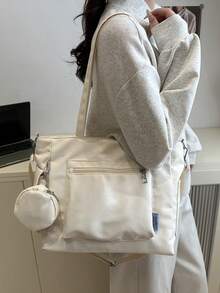 Fashionable New Women's Tote Bag, Solid Color Minimalist School Bag, Large Capacity Homework Bag, Suitable For Work And Class, Versatile And Exquisite - Beige - View 4