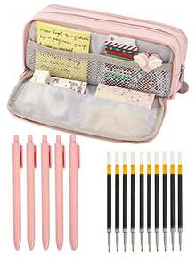 16pcs Stationery Set, Includes Large Pencil Case, 5 Retractable Ballpoint Pens And 10 Refills, Multi-Compartment Pencil Case, Smooth Writing, Back To School Essential, Suitable For Students, Classroom, University And Office Supplies - Multiple Styles - View 1