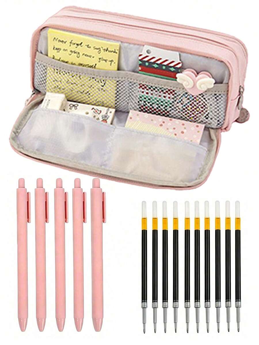 16pcs Stationery Set, Includes Large Pencil Case, 5 Retractable Ballpoint Pens And 10 Refills, Multi-Compartment Pencil Case, Smooth Writing, Back To School Essential, Suitable For Students, Classroom, University And Office Supplies - Multiple Styles - View 1