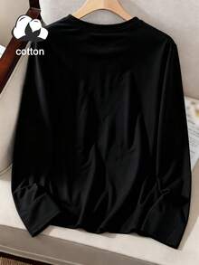 Plus Size Women's Simple Ghost Halloween Print Round Neck Long Sleeve Casual T‑Shirt, Daily Top For Spring Fall Winter - Black - View 2