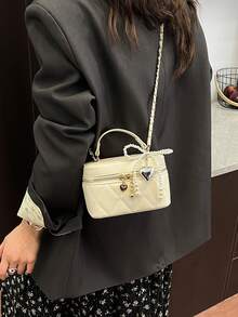 Handbag With Diamond Quilted Smooth Fabric, Pearl Chain Heart-Shaped Pendant Decor, Exquisite Sweet & Cool Vibe, Suitable For Daily Shopping, Dating, Gathering, Travel, Fashion Outfit, Small Square Box Handbag - Beige - View 6