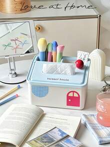 1/2pcs Multifunctional Tissue Box With Compartments, Cute Desktop Napkin Holder With Phone Slot, Plastic Dust‑Proof Tissue Storage Organizer For Desk Dressing Table Home Decor - Multicolor - View 5