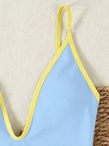 Women's Blue One-Piece Bikini Swimsuit With Yellow Trim, Backless Design, Suitable For Beach Vacation, Summer, Christmas And Halloween - Multicolor - View 6