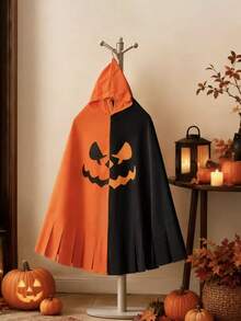 1pc Black & Orange Colorblock Hooded Cape With Pumpkin Print, Halloween Party Theme, Suitable For Carnival And Various Cosplay Props - Multicolor - View 4