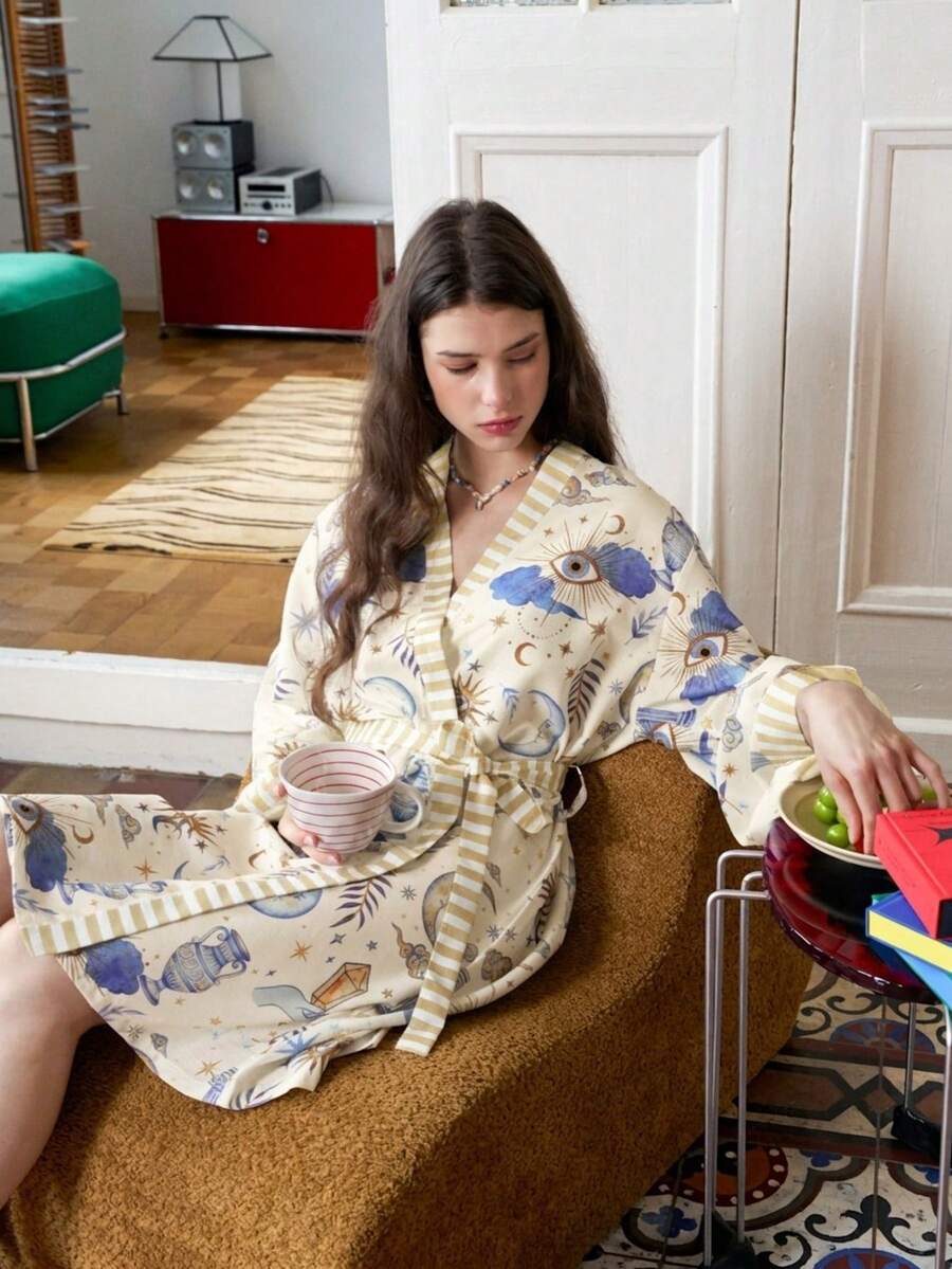 Women's Vacation Style Colorblock Universe Star & Moon Print Robe - Apricot - View 1