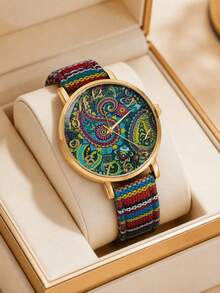 Women's Boho Bohemian Quartz Watch Vintage Floral Geometric Print Pattern Dial Woven Strap Elegant Wristwatch Gift For Her Birthday Christmas - Beige - View 10