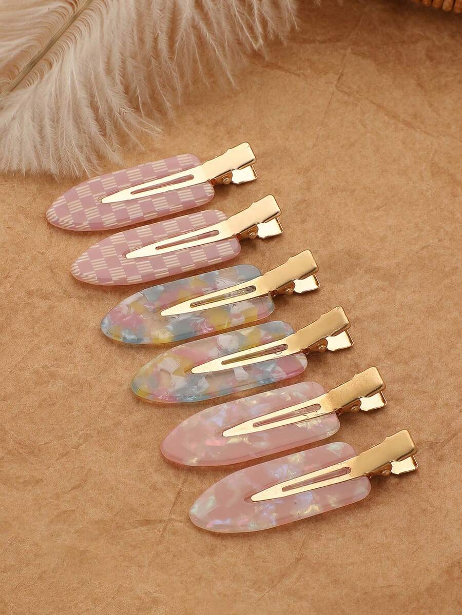 6入組粉色甜美可愛風幻彩貝殼無縫髮夾,女性百搭髮飾,適合日常通勤與約會 - 彩色 - 查看 1