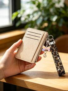 Slim Pu Leather Card Holder Wallet,Multi Card Slots Coin Purse With Rhinestone Wristlet Strap Bow Pendant Keychain, Portable Id Card Case Daily Use - Multicolor - View 7