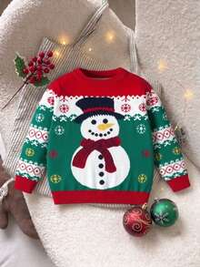 Young Boy Christmas Colorblock Snowman Sweater Autumn Winter - Red - View 1