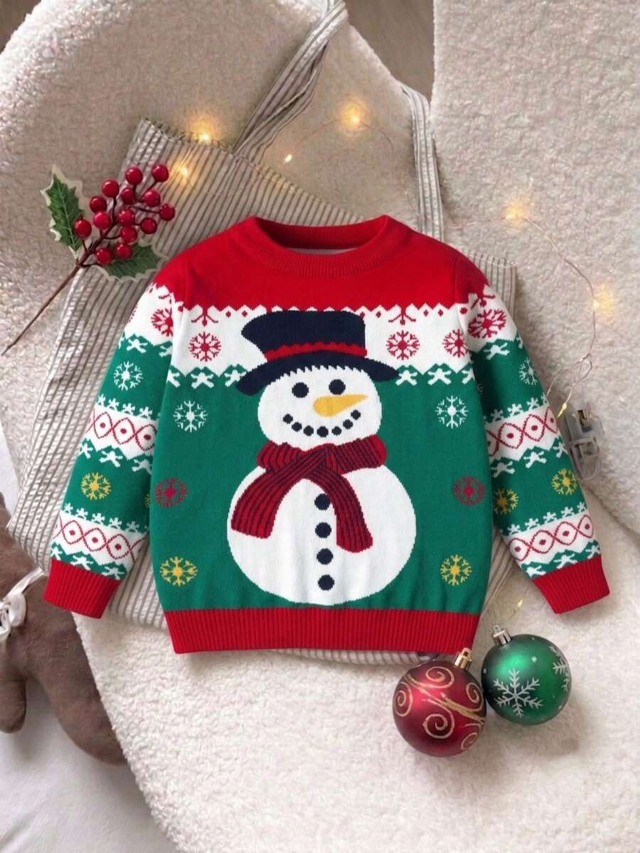 Young Boy Christmas Colorblock Snowman Sweater Autumn Winter - Red - View 1