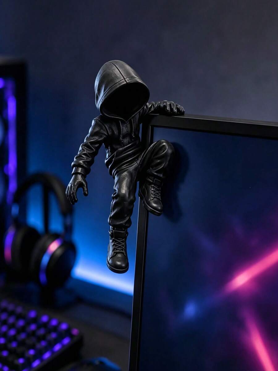 1pc Matte Black Hooded Climbing Figure, Blurred Face Monitor Sitting Statue, Cool Urban Street Style Ornament, Cool Gamer Desktop Decor, Suitable For Computer Screen, Bookshelf, Office Desk, Dorm Room, Anime Character, Miniature Object, Halloween Christmas Decoration, Gift For Him/Her - Multicolor - View 1