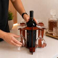 Adega de Vinho com Suporte para 4 Taças em MDF 4 mm Várias Cores para Bancada Mesa Jantar Festa e Presente - Marrom - Visão 9