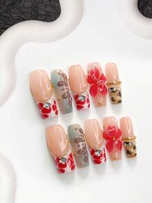 10pcs Exquisite Handmade Press-On Nails, Polygel Nail Art Set, Handmade Floral, Chain, Leopard Print, Red-Brown Nail Polish, Mature Style, Includes Nail Tools, 3 Sizes Available, Almond, Duck, Coffin Shape, Suitable For Party, Dancing, Daily Wear - Multicolor - View 17