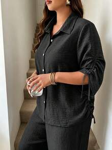 Women's Plus Size Spring/Summer Drawstring Tie Sleeve Minimalist Commuter Blouse - Black - View 3