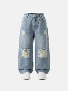 1pc Girls' Denim Jeans, Elastic Waist Street Style Ripped Wide Leg Jeans, Simple Casual Outfit - Medium Wash - View 2