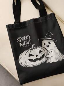 1pc Halloween Skull Print Shoulder Tote,Large Capacity For Books,Groceries & Daily Beach Travel School Use. For Students, Great Daily Bag Or Gift - Multicolor - View 4
