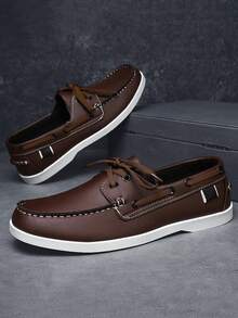 GAISIMA Men's Contrast Stitching Boat Shoes, Vintage Casual Lace-Up Loafers, Daily Business Commute Spring Autumn Slip-On Moccasins - Brown - View 2