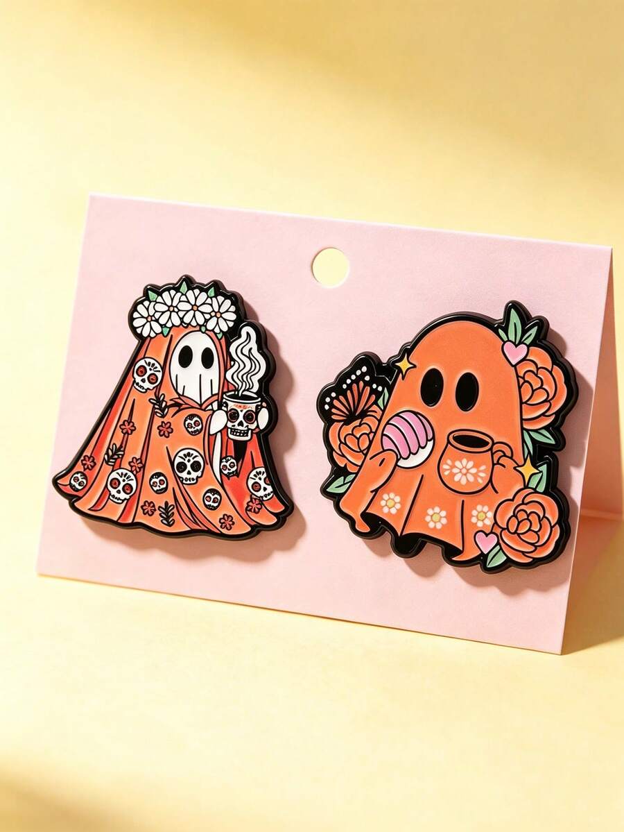 1 buah/2 buah Bros Wanita Hantu Bunga Kartun Lucu, Pin Dekoratif untuk Tas & Pakaian, Hadiah Liburan - MultiWarna - View 1