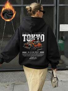 Women's Casual Pullover Sweatshirt With Minimalist Orange Sports Car & Letter Print, Versatile For Daily Wear, Autumn/Winter Black Fall - Black - View 2