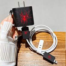 4pcs 2D Flat Design Spider Web Pattern Phone Charger Protector Set, Charger Head Cover + Cable Protector + Storage Rope, Compatible With IPhone 20W/18W Charger - Multicolor - View 3