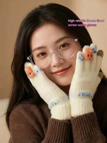 Cute Cartoon Touchscreen Knitted Gloves For Women, Letter Ribbed Woolen Gloves, Autumn/Winter Daily Commute Student Outdoor Phone Use Warm Protection Split Finger Gloves - Multicolor - View 13