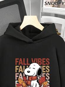 Autumn And Winter Women's Fleece Long-Sleeved Sweatshirt With Letter Snoopy FALL VIBES Print - Black - View 3