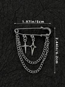 1pc Vintage Silver Chain Brooch Pin, Four-Pointed Star Heart Pearl Pendant, Street Cool Girl Jacket Decoration Accessory - Multicolor - View 5