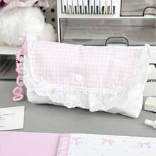 1pc Cute Lace Pink Plaid Polka Dot Pencil Case (No Pendant Single Pencil Case), Bow And Heart Decoration, Single Zipper Large Capacity Stationery Storage Bag, Makeup Bag, Suitable For Teenagers Daily School Supplies And Back To School, Birthday, Halloween, Christmas Gifts - Multicolor - View 2