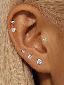 EleRunis 1pc Moissanite 925 Sterling Silver Classic 4-Prong Flat Back Cartilage Spiral Piercing Earring, Wedding Daily Wear Bridal Jewelry - Silver - View 5