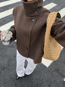 Women's Autumn/Winter New European & American Style Fashion Minimalist Versatile Stand Collar Stand Collar Wool Short Jacket Brown - Brown - View 3