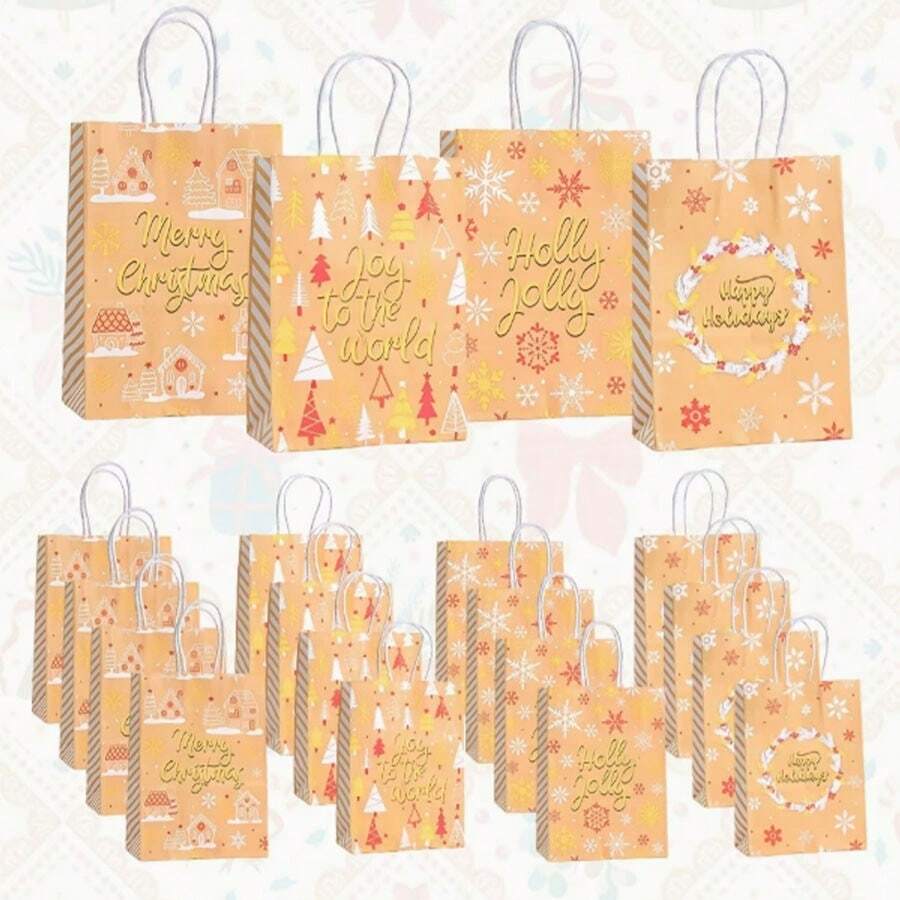 Warm Yellow Background Gold Foil Christmas Paper Bag, Minimalist Christmas Tree, Cottage, Snowflake Print Paper Gift Bag, Suitable For Various Souvenirs, Party, Universal Holiday Packaging, Handheld Paper Bag, Christmas - Champagne - View 1