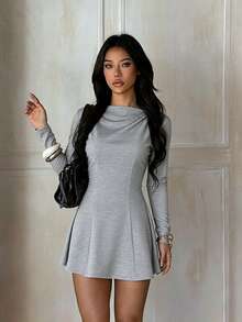1pc Solid Color Casual Knit Fabric Dress For Office Autumn - Grey - View 1