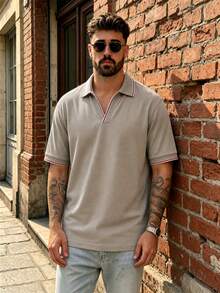 Lookun Men's Polo Shirt, Polo Collar, Short Sleeve, Loose Straight Fit, Business Casual, Spring/Summer - Khaki - View 5