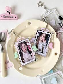 New Minimalist Design Girl Heart Transparent Angel Polka Dot 3-Inch Card Holder, Idol Photo Card Storage Pendant With Wavy Lace Bow, Fan Card Protective Sleeve Keychain, INS Style Angel Wings Acrylic Hard Card Holder, 3-Inch Small Card Film Card Sleeve, Student Pendant Cover - Multicolor - View 5