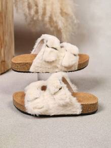 Parent-Child Plush Buckle Slippers, Mother-Son Mother-Daughter Matching Style, Autumn/Winter Soft Cork Sole Indoor/Outdoor Warm Fuzzy Slippers - Beige - View 4